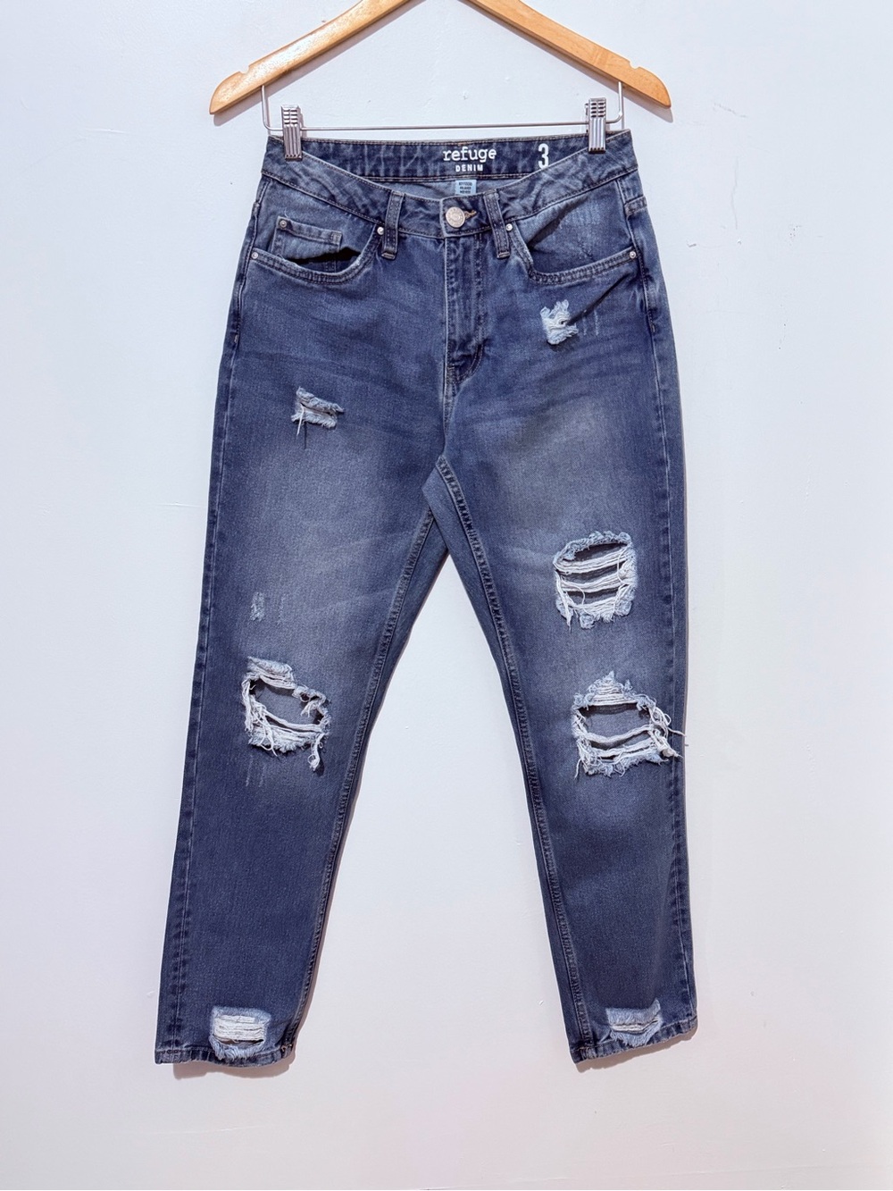refuge Women's Distressed Boyfriend Jeans - Dark Wash